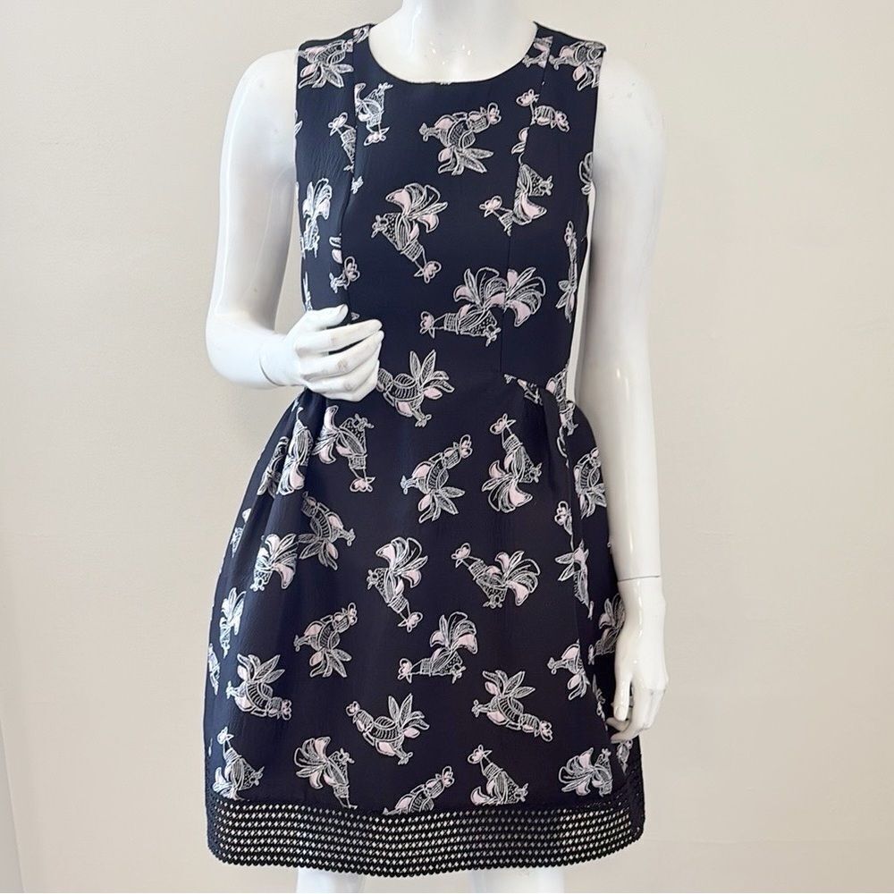 Pinko Made in Italy Black & Pink Rooster Print Jacquard Mini Dress w Mesh Trim